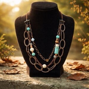 Hand Made Layered Turquoise and Cream Beaded Chain Necklace - Women's Jewelry